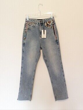 NWT Desigual "Denim Riverside" Embroidered Straight Leg Jeans – Size 34 / US 0